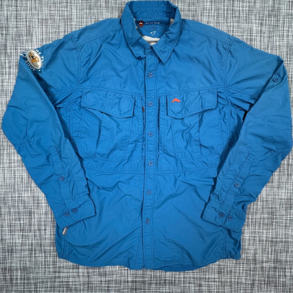 Simms Guide Fishing Shirt Mens Medium Blue Vented Long Sleeve Button Up Pockets